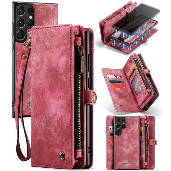 for Samsung Galaxy S24 Ultra Premium PU Leather Folding Case, Multiple Card Slots Design, Wrist Strap Zipper Pocket Kickstand Magnetic Snap, Wireless Charging for Samsung Galaxy S24 Ultra, Red
