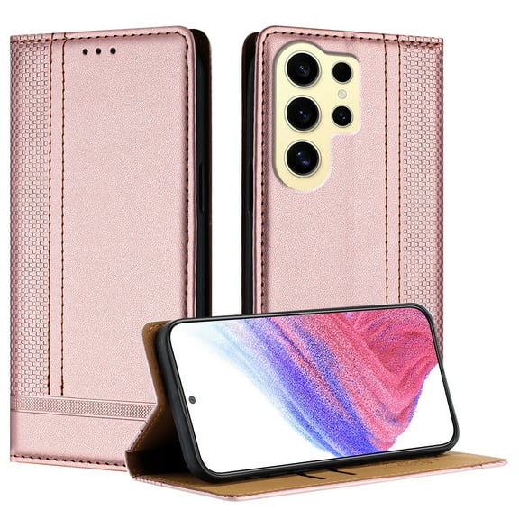for Samsung Galaxy S24 Ultra Purse Case, Magnetic Closure Business PU Leather Card Slots Wallet Phone Case, Flip Silicone TPU Bumper Protective Cover with Stand Shockproof Folio Case, Rosegold