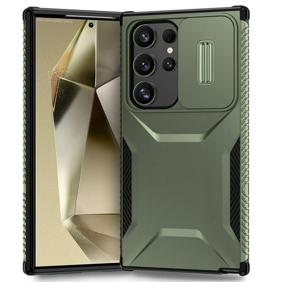 for Samsung Galaxy S24 Ultra Rugged Case with Camera Lens Sliding Cover, Heavy Duty PC Protective Shockproof Cover with Slide Camera Cover Upgraded Drop Resistant Case for Galaxy S24 Ultra, Darkgreen