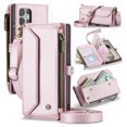 thumbnail image 1 of for Samsung Galaxy S24 Ultra Rugged Case, Classic PU Leather Shoulder Strap Wrist Strap Zipper Pocket RFID Blocking Wireless Charging Kickstand Case Cover for Samsung Galaxy S24 Ultra, Pink, 1 of 10