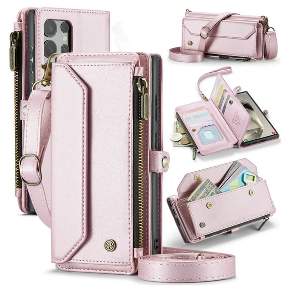 for Samsung Galaxy S24 Ultra Rugged Case, Classic PU Leather Shoulder Strap Wrist Strap Zipper Pocket RFID Blocking Wireless Charging Kickstand Case Cover for Samsung Galaxy S24 Ultra, Pink