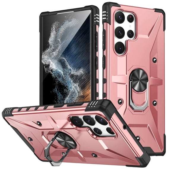 for Samsung Galaxy S24 Ultra Rugged Case, Shockproof Heavy Duty Protective Case with Ring Stand for Samsung Galaxy S24 Ultra Support Magnetic Car Mount Non-Slip Cover, Rosegold