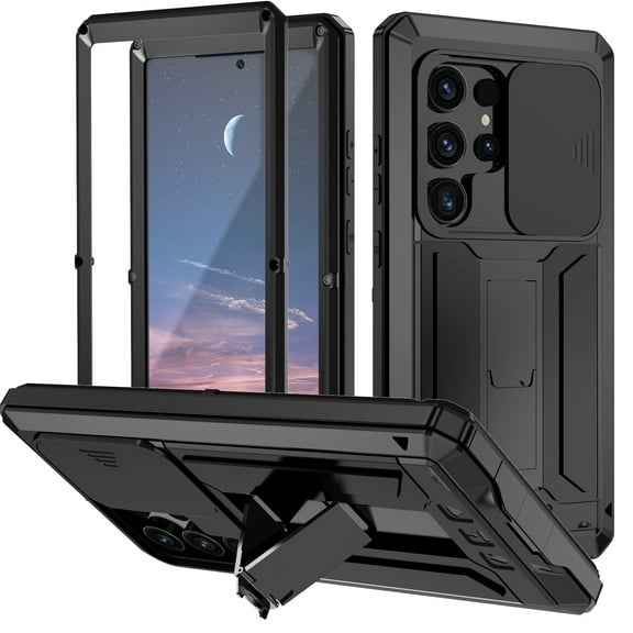 for Samsung Galaxy S24 Ultra Rugged Metal Case, with Screen Protector Kickstand Camera Sliding Cover for S24 Ultra Full Cover Military Sturdy Armor Shockproof Dorp Test Cover for Outdoor, Black