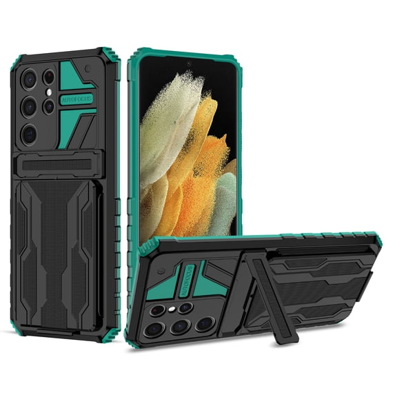 for Samsung Galaxy S24 Ultra Sliding Card Slot Back Case with Hidden Kickstand, Hybrid TPU + PC Fall Prevention Shock Absorption Anti-drop Protective Phone Case Cover for Galaxy S24 Ultra, Darkgreen