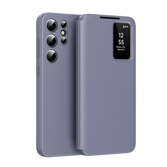 for Samsung Galaxy S24 Ultra Smart Wallet Phone Case, Protective Cover with Smart Small Screen View, Finger Tap Control, Slim Design, Card Holder Pocket, PU Leather Flip Cover, Purple