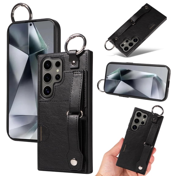 for Samsung Galaxy S24 Ultra Wallet Case with Card Holder, Hand Wrist Strap Loop Holder Kickstand, Finger Grip Ring Buckle PU Leather Double Buttons Shockproof Cover for Samsung Galaxy S24 Ultra,Black