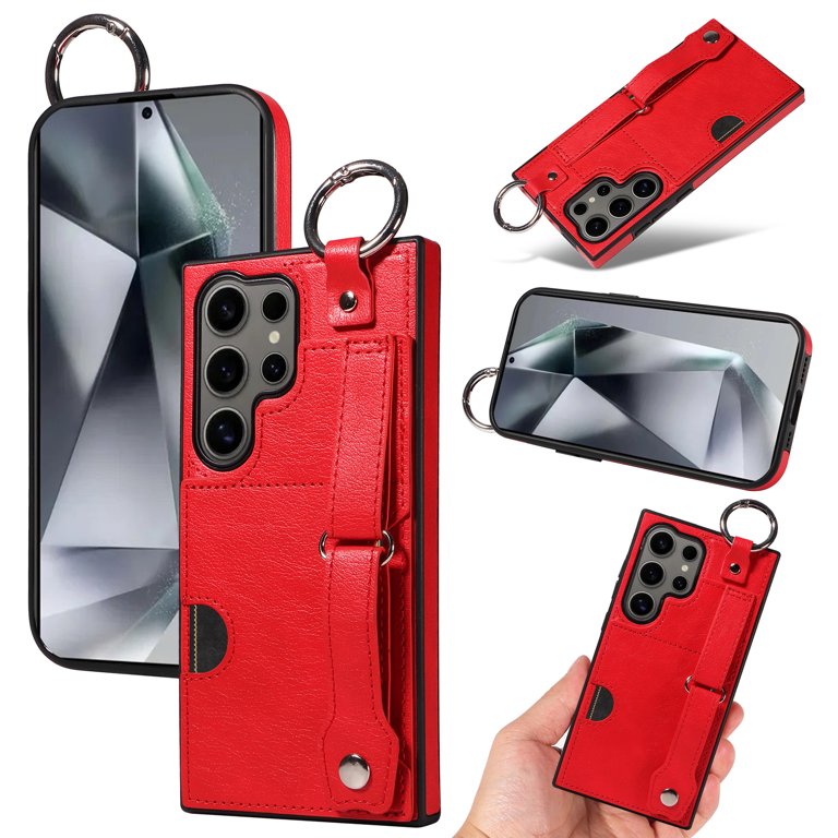 for Samsung Galaxy S24 Ultra Wallet Case with Card Holder, Hand Wrist Strap  Loop Holder Kickstand, Finger Grip Ring PU Leather Double Buttons  Shockproof Soft TPU Cover for Galaxy S24 Ultra, Red -