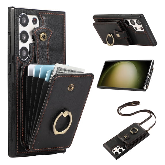 for Samsung Galaxy S24 Ultra Wallet Case with Card Holder, PU Leather Case with Ring Holder Kickstand, Snap Button Card Slots Case for Women Men for S24 Ultra with Crossbody Strap - Black