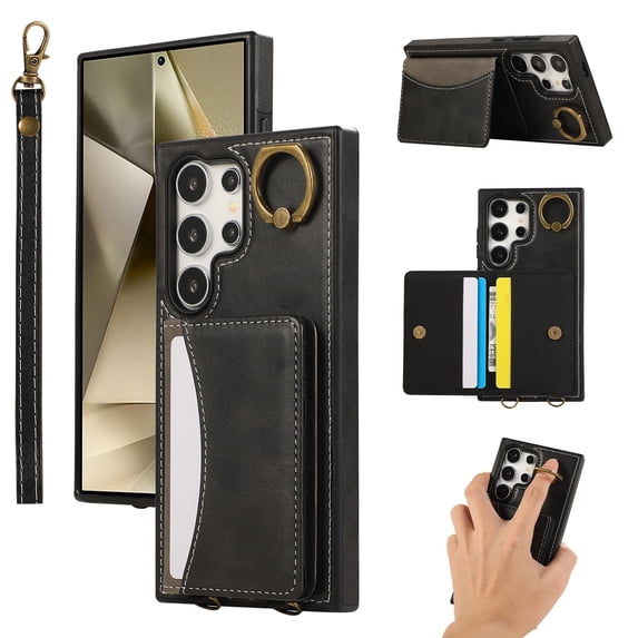for Samsung Galaxy S24 Ultra Wallet Case with Card Holder - PU Leather Case for Women & Girls, Wrist Hand Strap, Secure Finger Ring, Shockproof Protective Phone Cover for Galaxy S24 Ultra, Black