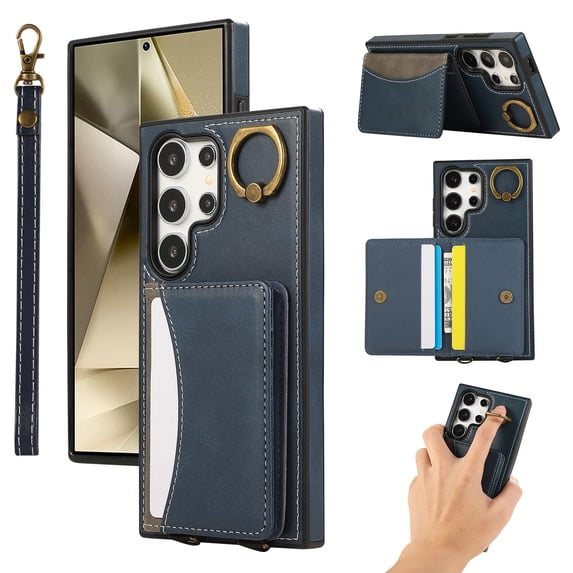 for Samsung Galaxy S24 Ultra Wallet Case with Card Holder - PU Leather Case for Women & Girls, Wrist Hand Strap, Secure Finger Ring, Shockproof Protective Phone Cover for Galaxy S24 Ultra, Blue