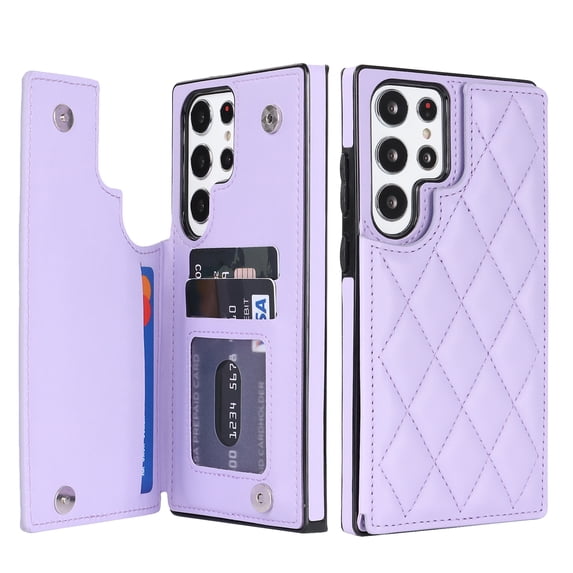 for Samsung Galaxy S24 Ultra Wallet Case with Card Holder RFID Blocking,Dimaond Patterned Elegent PU Leather,Double Back Flip Kickstand Magnetic Clasp Durable Shockproof Cover,Purple