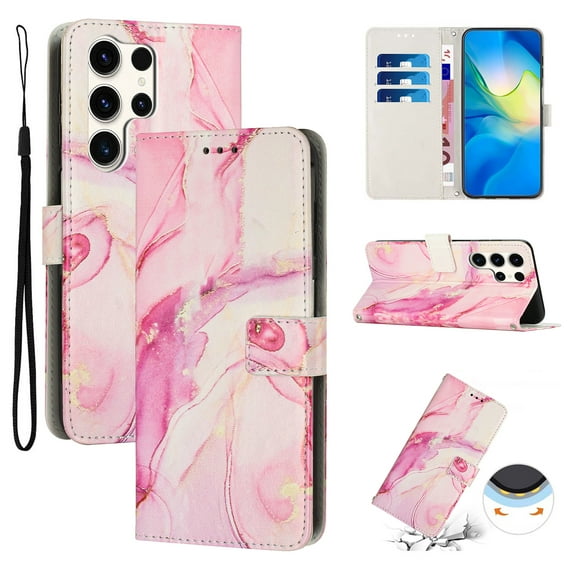 for Samsung Galaxy S24 Ultra Wallet Case with Card Holder,Women Men RFID Blocking PU Leather Flip Cover Wrist Strap Magnetic Closure Credit Card Slots Marble Patterned Book Style Phone Case,Rosegold