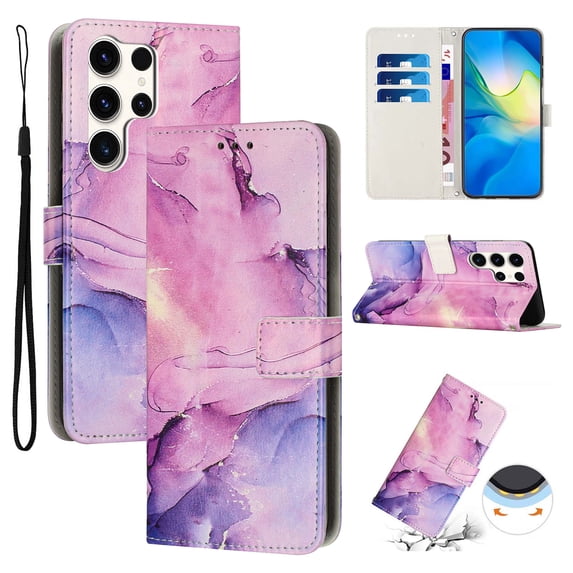 for Samsung Galaxy S24 Ultra Wallet Case with Card Holder,Women Men RFID Blocking PU Leather Flip Cover Wrist Strap Magnetic Closure Credit Card Slots Marble Patterned Book Style Phone Case,Purple