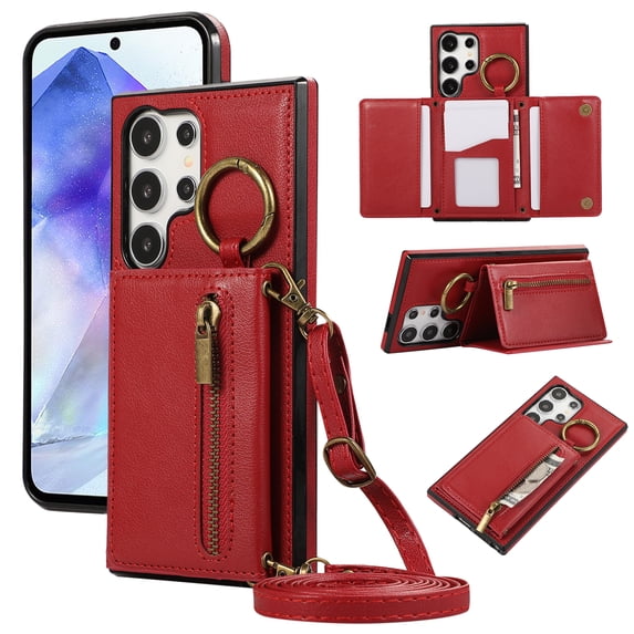 for Samsung Galaxy S24 Ultra Wallet Case with Card Holders for Women Girls, Crossbody Strap Zipper PU Leather Case with Finger Ring Protective Kickstand Designed for Samsung Galaxy S24 Ultra, Red