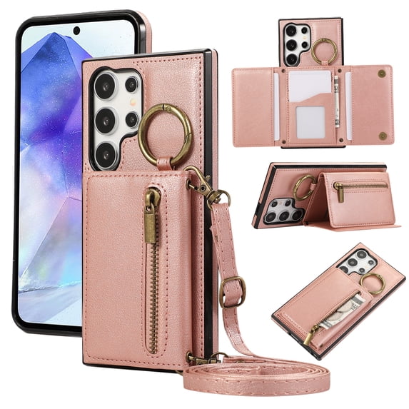 for Samsung Galaxy S24 Ultra Wallet Case with Card Holders for Women Girls, Crossbody Strap Zipper PU Leather Case with Finger Ring Protective Kickstand Designed for Samsung Galaxy S24 Ultra, Rosegold