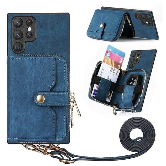 for Samsung Galaxy S24 Ultra Wallet Case, Crossbody Phone Purse with Card Holder for Women, Zipper PU Leather Carrying Cover Gift with Shoulder Strap Kickstand Anti-drop for S24 Ultra - Blue