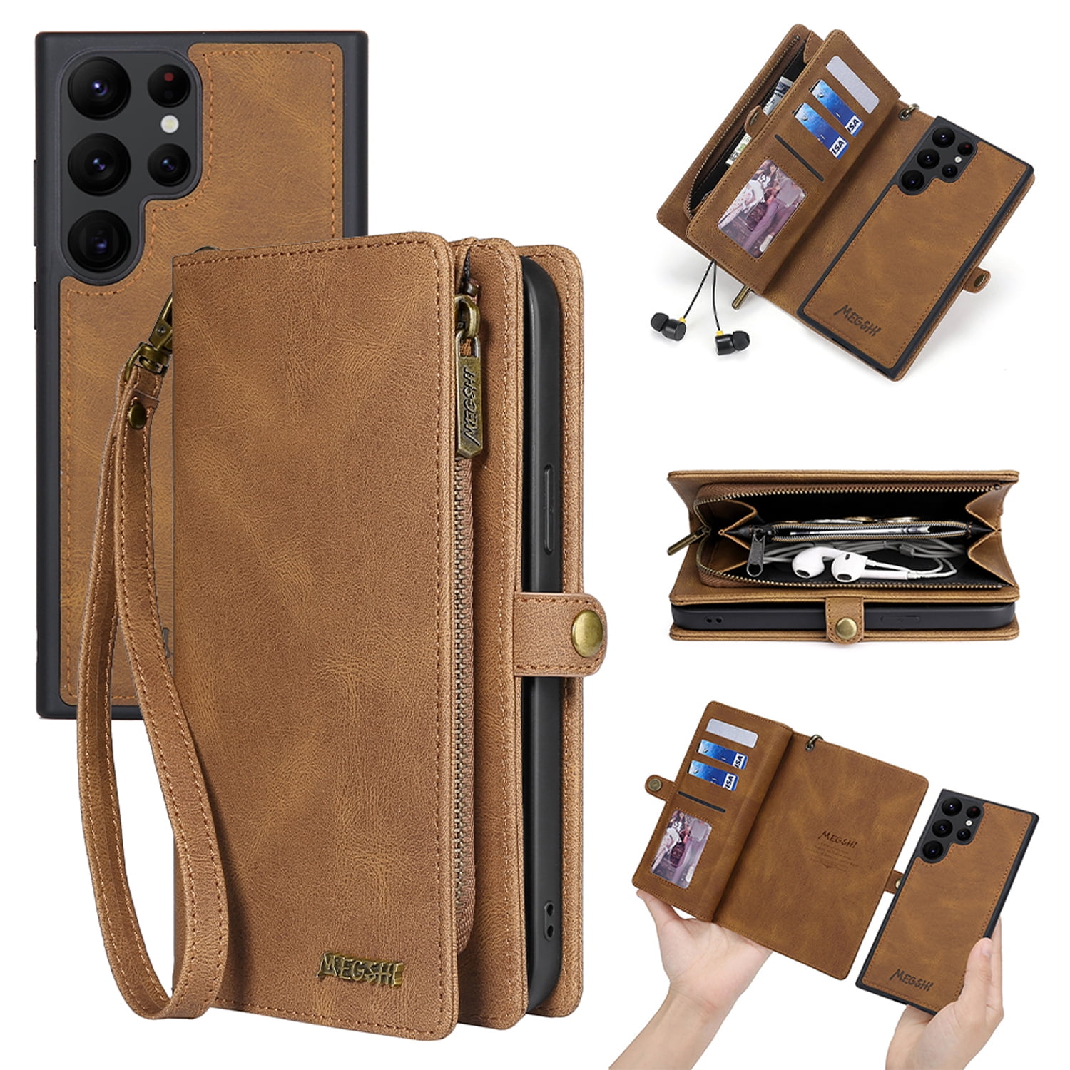 for Samsung Galaxy S24 Ultra Wallet Case, Durable PU Leather 2-in-1 Detachable Magnetic Flip Phone Case for Samsung Galaxy S24 Ultra Case Wallet with Card Holder Slots Zipper Pouch for Women Men,Brown