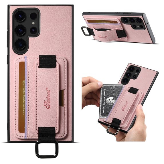 for Samsung Galaxy S24 Ultra Wallet Case with Kickstand, Premium PU Leather Wrist Strap Hand Holder Cover with Card Slot Finger Ring Shockproof Case for Samsung Galaxy S24 Ultra, Pink