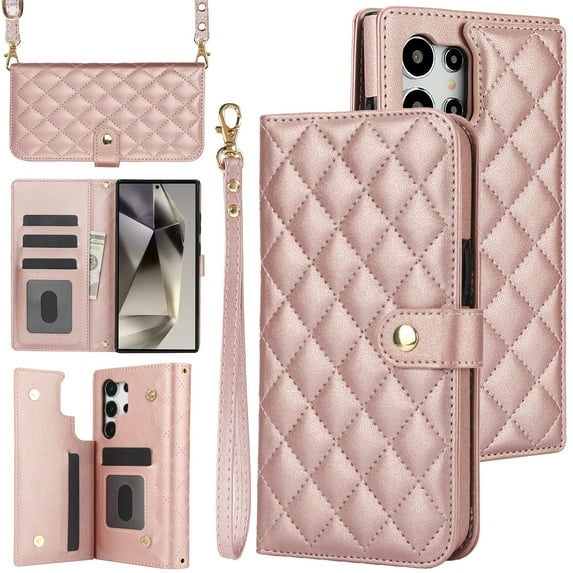for Samsung Galaxy S24 Ultra Wallet Case with Lanyard + Crossbody Strap, Elegant PU Leather Kickstand Anti-drop Phone Case with 5 Card Slots + 1 Cash Pocket for Samsung Galaxy S24 Ultra, Rosegold