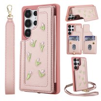 for Samsung Galaxy S24 Ultra Wallet Case, Magnetic Snap Flip PU Leather TPU Cover with Flower Design Credit Card Holder Stand Wristband Shoulder Strap Protective Phone Case for Women Girls, Rosegold