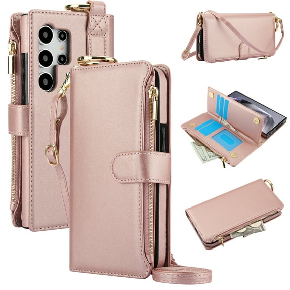 for Samsung Galaxy S24 Ultra Wallet Case, Multi-Functional Zipper Purse Case with Card Holders, RFID Blocking Full Body Case, Shoulder Strap Wristband Crossbody Cover for Galaxy S24 Ultra, Rosegold