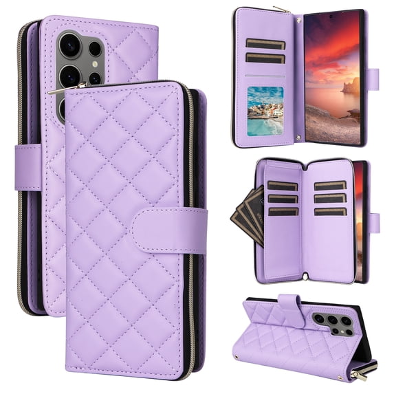 for Samsung Galaxy S24 Ultra Wallet Case, Multi-Functional Zipper Purse Case, with Flip Stand Card Holder PU Leather Phone Cover with Lanyard & Wrist Strap for Samsung Galaxy S24 Ultra, Purple