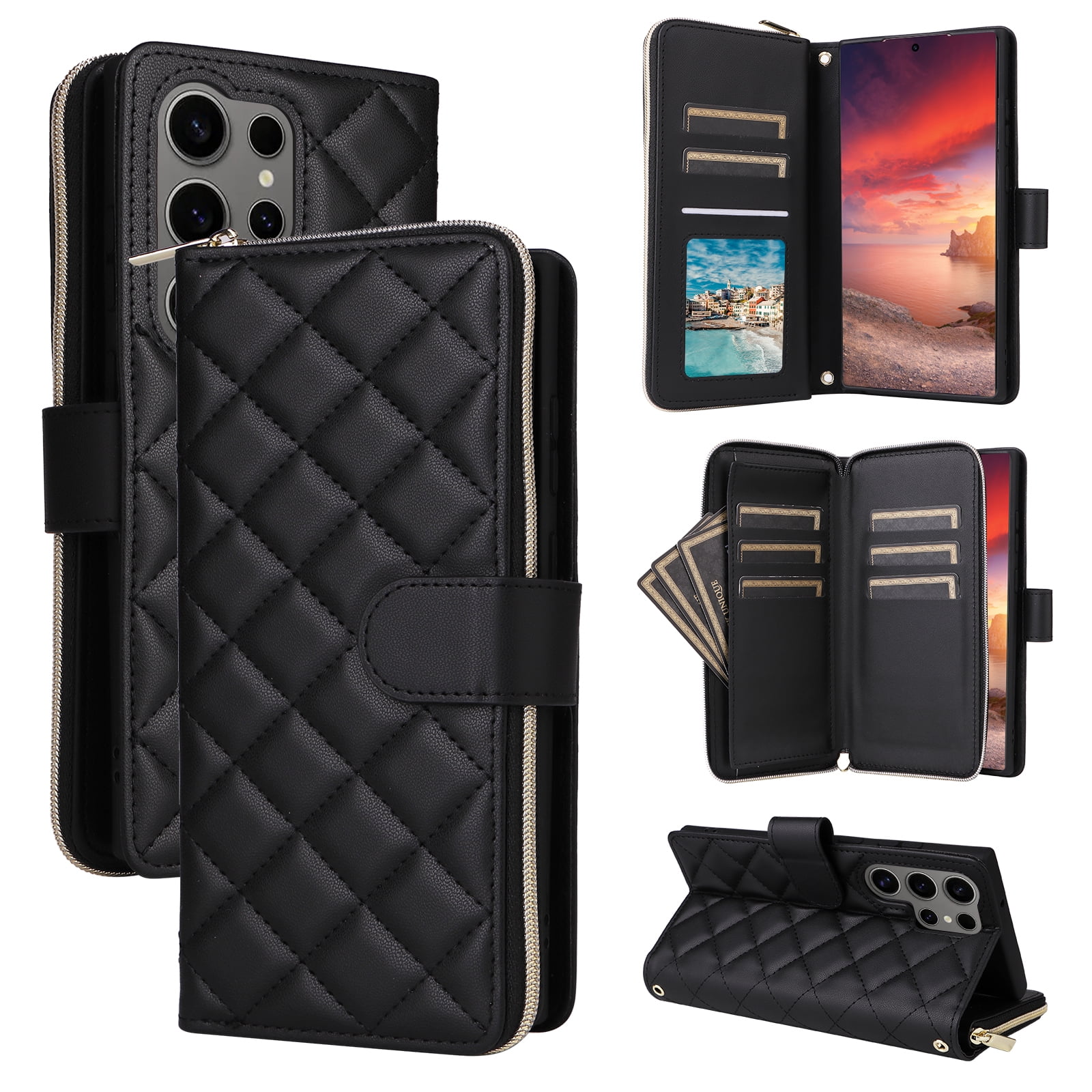 for Samsung Galaxy S24 Ultra Wallet Case, Multi-Functional Zipper Purse Case, with Flip Stand Card Holder PU Leather Phone Cover with Lanyard & Wrist Strap for Samsung Galaxy S24 Ultra, Black