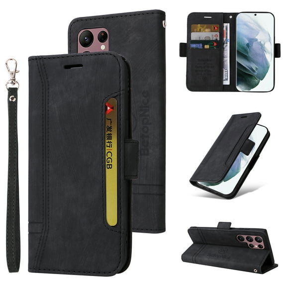 for Samsung Galaxy S24 Ultra Wallet Case,PU Leather Magnetic Flip Strap Wrist Phone Cover with RFID Block Card Holder for Samsung Galaxy S24 Ultra,Black