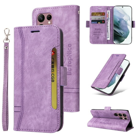 for Samsung Galaxy S24 Ultra Wallet Case,PU Leather Magnetic Flip Strap Wrist Phone Cover with RFID Block Card Holder for Samsung Galaxy S24 Ultra,Purple