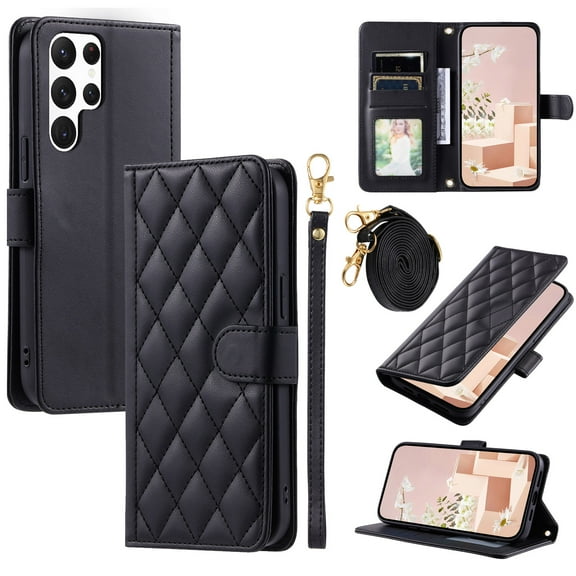 for Samsung Galaxy S24 Ultra Wallet Case, Premium PU Leather Magnetic Flip Folio Case with Wrist Strap Credit Card Holder for Women Men Crossbody Strap Case Cover for Samsung Galaxy S24 Ultra, Black