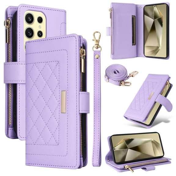 for Samsung Galaxy S24 Ultra Wallet Case with RFID Blocking Card Holder, Kickstand Feature PU Leather Case with Adjustable Crossbody & Short Lanyard Magnetic Clasp Zipper Pocket Flip Cover,Purple
