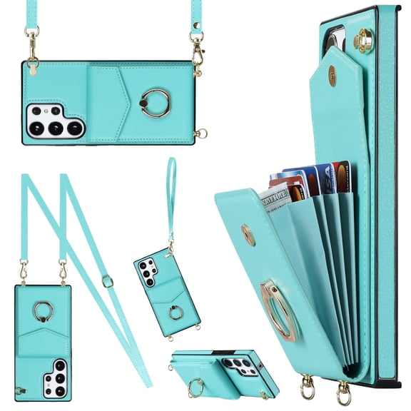 for Samsung Galaxy S24 Ultra Wallet Case with RFID Blocking Card Slots, Rotated Ring Kickstand, PU Leather Crossbody Strap Lanyard Anti-Drop Protective Case for Samsung Galaxy S24 Ultra, Mint