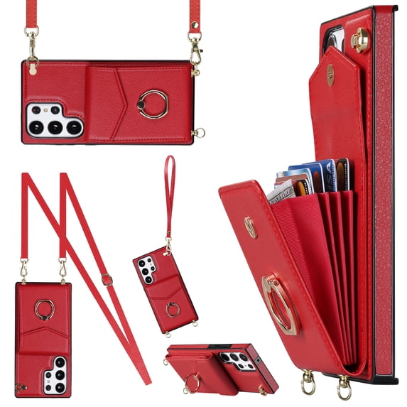 for Samsung Galaxy S24 Ultra Wallet Case with RFID Blocking Card Slots, Rotated Ring Kickstand, PU Leather Crossbody Strap Lanyard Anti-Drop Protective Case for Samsung Galaxy S24 Ultra, Red