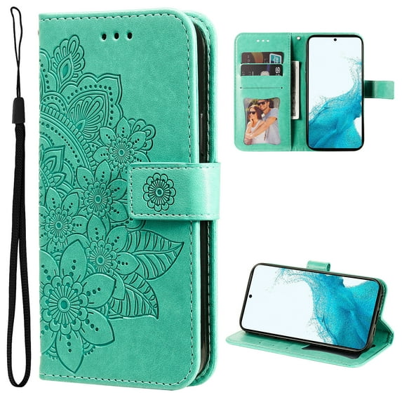for Samsung Galaxy S24 Ultra Wallet Case for Women, with Card Holder Embossed Mandala Flower Flip PU Leather Magnetic Protective Kickstand Cover with Lanyard for Samsung Galaxy S24 Ultra, Green