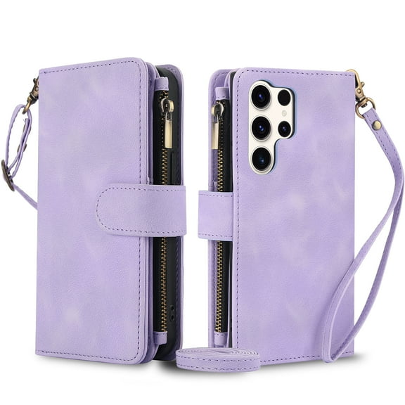 for Samsung Galaxy S24 Ultra Wallet Case for Women Girls, RFID Blocking Credit Card Slots PU Leather Purse Case with Crossbody Strap Wristlet Magnetic Folio Stand Cover for Galaxy S24 Ultra, Purple