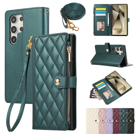 for Samsung Galaxy S24 Ultra Wallet Case with Zipper Pocket Card Holder & Crossbody Lanyard Strap & Wrist Strap, Flip Stand PU Leather Magnetic Folio Purse Case for Galaxy S24 Ultra, Green