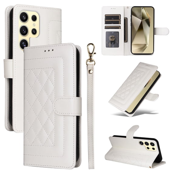 for Samsung Galaxy S24 Ultra Wallet Flip Case, Classic PU Leather Card Slots with Lanyard Magnetic Closure Kickstand Drop Protective Soft TPU Inner Case Cover for Samsung Galaxy S24 Ultra, White