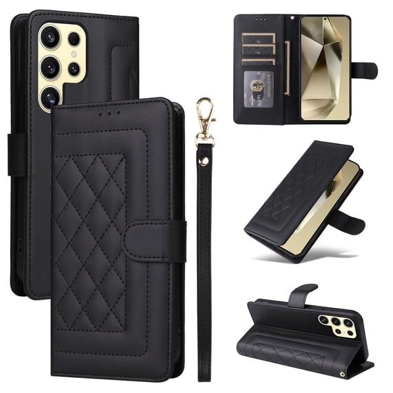 for Samsung Galaxy S24 Ultra Wallet Flip Case, Classic PU Leather Card Slots with Lanyard Magnetic Closure Kickstand Drop Protective Soft TPU Inner Case Cover for Samsung Galaxy S24 Ultra, Black