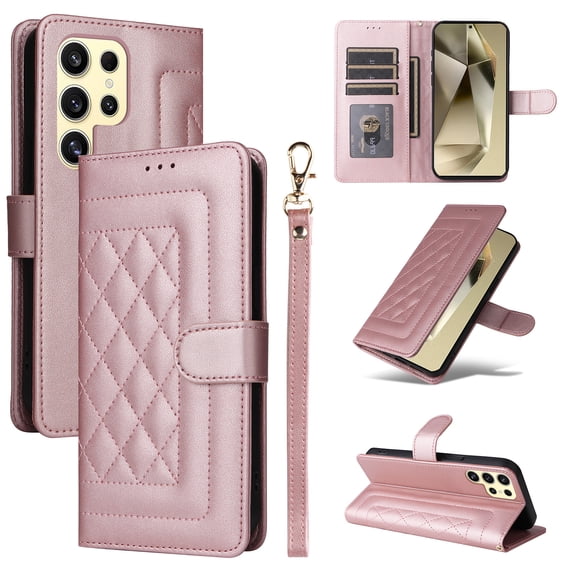 for Samsung Galaxy S24 Ultra Wallet Flip Case, Classic PU Leather Card Slots with Lanyard Magnetic Closure Kickstand Drop Protective Soft TPU Inner Case Cover for Samsung Galaxy S24 Ultra, Rosegold