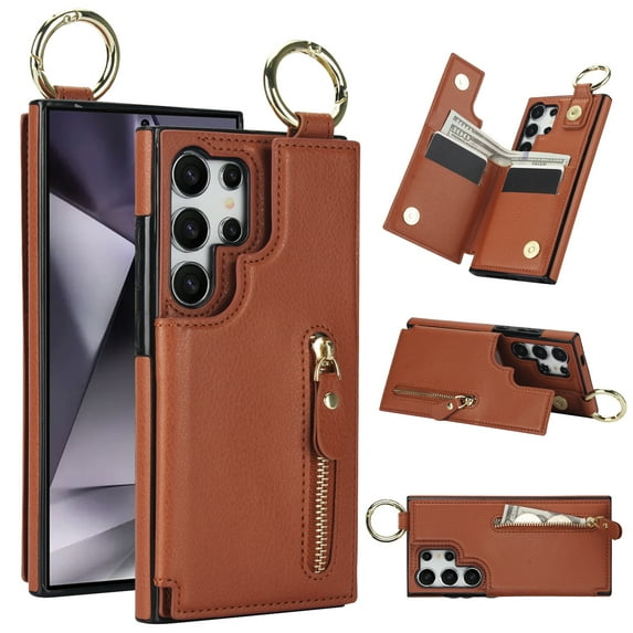 for Samsung Galaxy S24 Ultra Zipper Wallet Case, Premium Lychee Texture PU Leather Double Magnetic Clasp Flip Kickstand Credit Card Slots Shockproof Portable Metal Ring Hook Phone Case,Brown