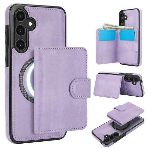 for Samsung Galaxy S24 Wallet Case, 2-in-1 Magnetic Detachable Card Holder, PU Leather + TPU Shockproof Kickstand Phone Cover, Magnetic Clasp Card Slots Back Case for Galaxy S24, Purple