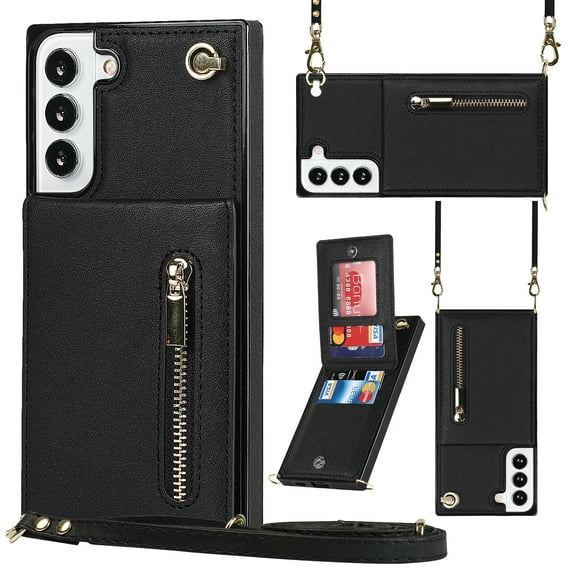 for Samsung Galaxy S24 Wallet Case with Card Holder, Crossbody Lanyard Wrist Strap PU Leather Case with Magnetic Clasp Kickstand, Zipper Coin Pocket Back Flip Folio Cover for Women,Black