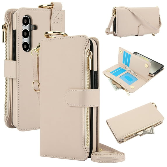 for Samsung Galaxy S24 Wallet Case with Card Holder - PU Leather Case Detachable Crossbody Strap & Wristband & Secure Ring, Shockproof Protective RFID Blocking Zipper Purse Phone Cover, White