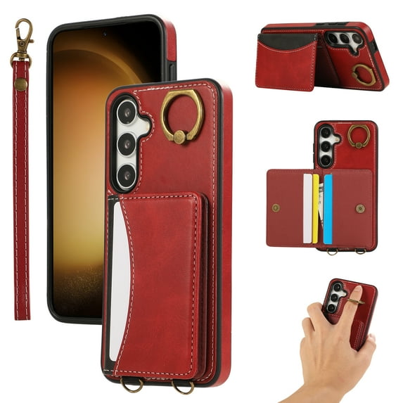 for Samsung Galaxy S24 Wallet Case with Card Holder - PU Leather Case for Women & Girls, Wrist Hand Strap, Secure Finger Ring, Shockproof Protective Phone Cover for Galaxy S24, Red