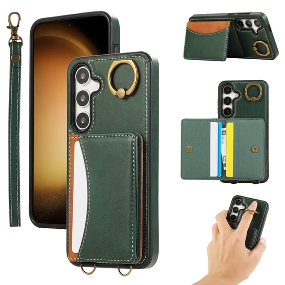 for Samsung Galaxy S24 Wallet Case with Card Slots, Hand Wrist Strap Rotate Ring Design, Finger Grip Ring PU Leather Magnetic Button Shockproof Purse Phone Cover for Galaxy S24, Green