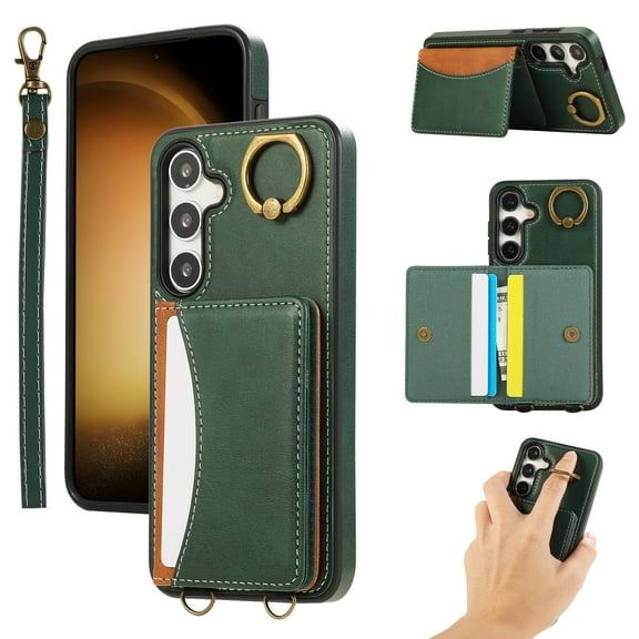 for Samsung Galaxy S24 Wallet Case with Card Slots, Hand Wrist Strap Rotate Ring Design, Finger Grip Ring PU Leather Magnetic Button Shockproof Purse Phone Cover for Galaxy S24, Green