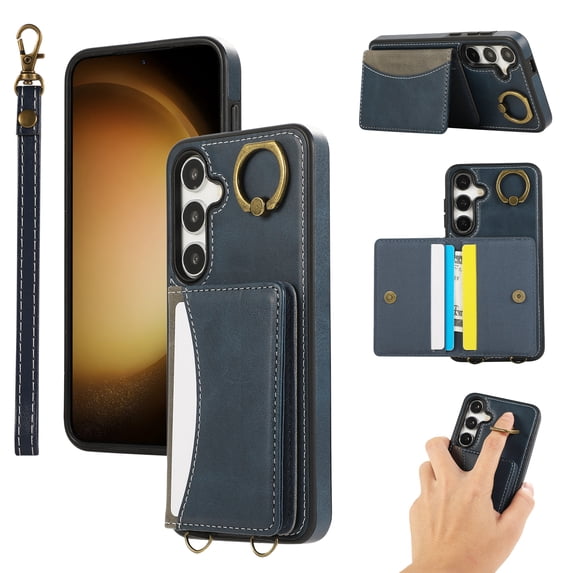 for Samsung Galaxy S24 Wallet Case with Card Slots, Hand Wrist Strap Rotate Ring Design, Finger Grip Ring PU Leather Magnetic Button Shockproof Purse Phone Cover for Galaxy S24, Blue