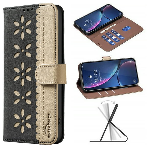 For Samsung Galaxy S24 Wallet Case,Card Slots [RFID Blocking] Splice Premium PU Leather ID Credit Holder Folio Flip Kickstand Magnetic Clasp Flower Patterned Shockproof Phone Cover,Black