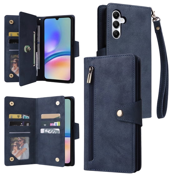for Samsung Galaxy S24 Wallet Case with Card Slots & Zipper Pocket, PU Leather + TPU Full Body Protective Phone Case with Kickstand Magnetic Clasp Wrist Strap Shockproof Rugged Cover, Blue