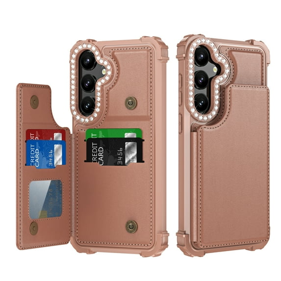 for Samsung Galaxy S24 Wallet Case with Credit Card Holder,RFID Blocking,PU Premium Bling Diamond Leather Double Magnetic Clasp Kickstand Heavy Duty Protective Cover for Samsung Galaxy S24, Rosegold